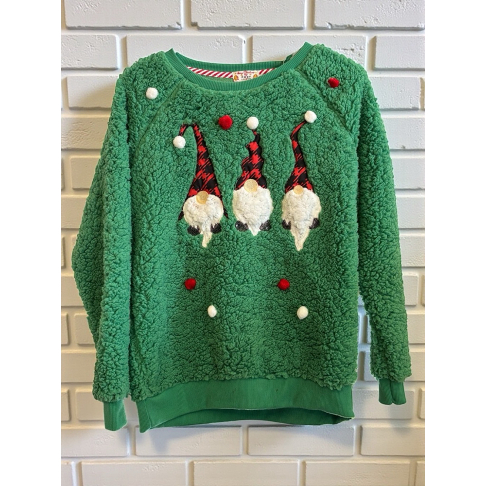 Poof New York Women's Small Green Gnome Merry Christmas Fuzzy Holiday Sweater - Picture 2 of 13